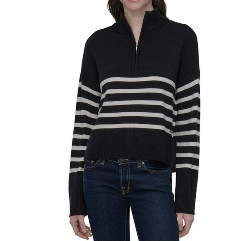 DKNY Black and Cream Striped Cowl Neck Sweater